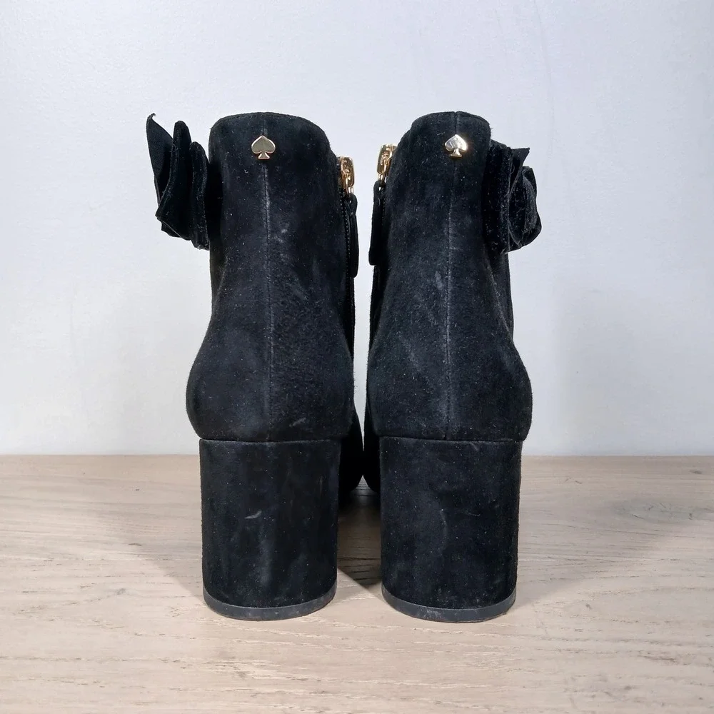Kate Spade Ankle Boots Womens 9.5 Black Suede Bow Block Heel Feminine Dressy
